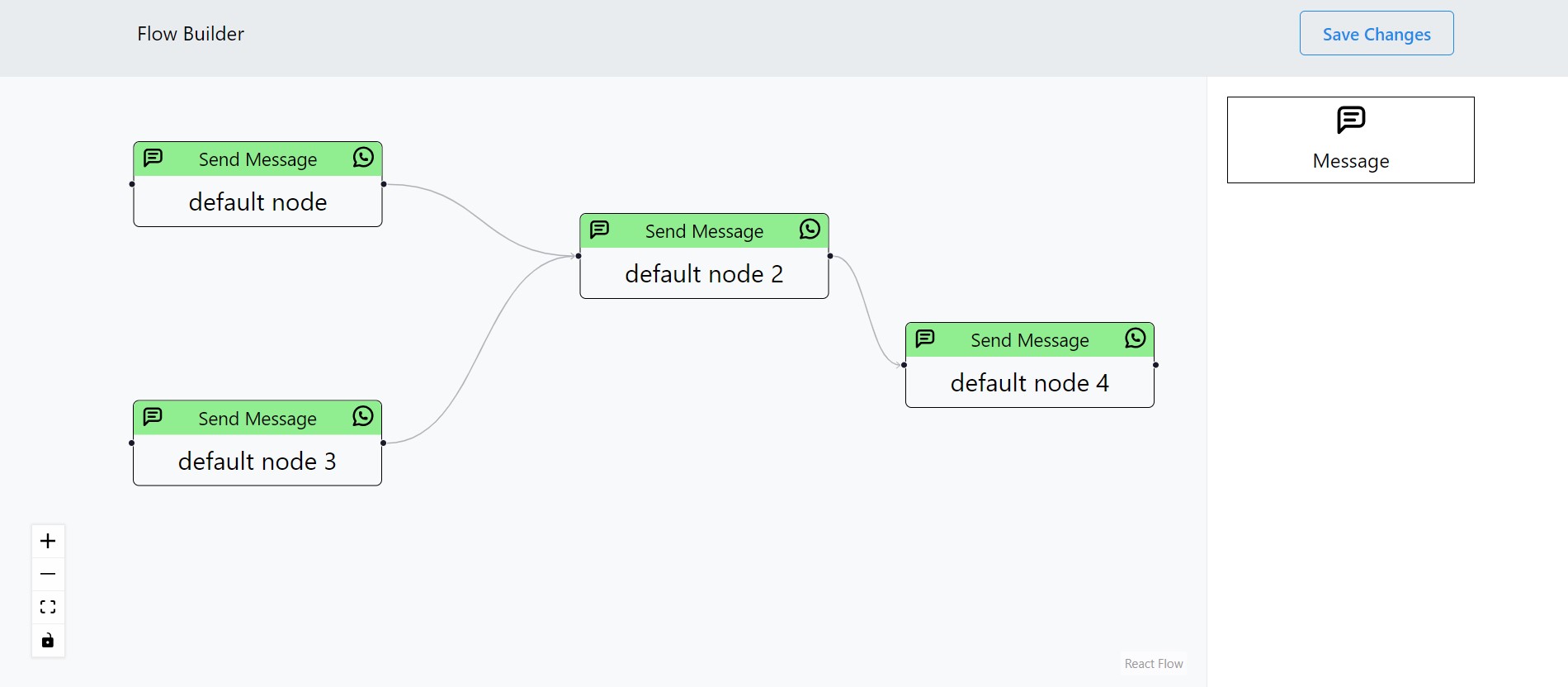 Chatbot Flow Builder canvas showing connected message nodes
