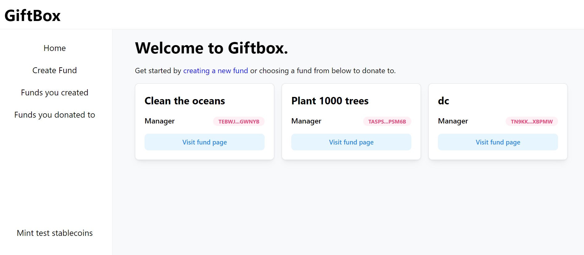 GiftBox crowdfunding application interface